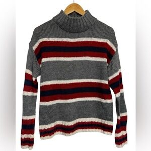 Kismet Striped Knit Mock Neck Sweater - Medium Red Grey Navy White Cozy